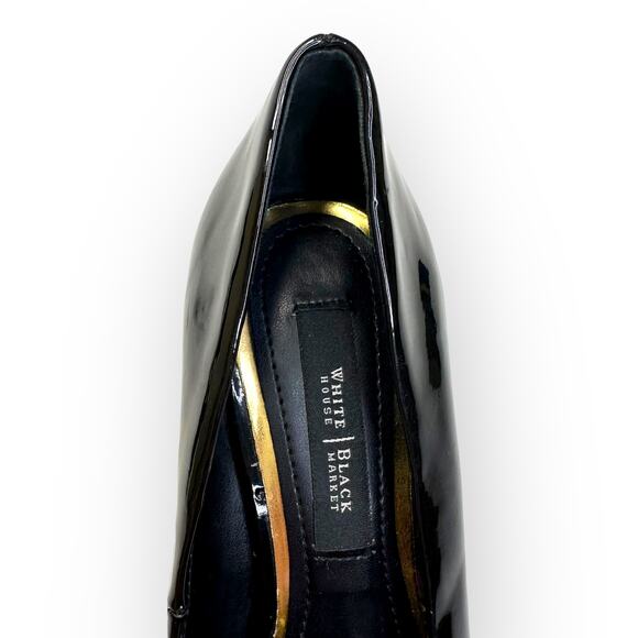 White House Black Market Gabriele Pump Size 6 Black Patent Leather Bow Chain Toe - Picture 3 of 12